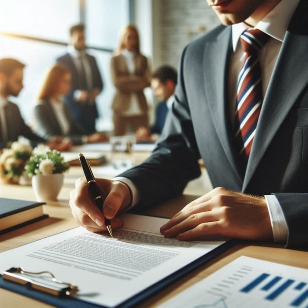 A focused businessman sitting in an office signing a contract.