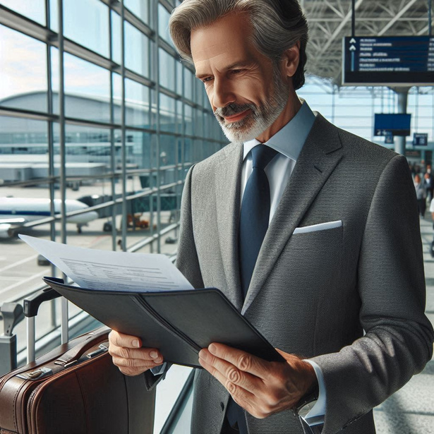 An elderly man in a suit reading a residence card document at an airport.