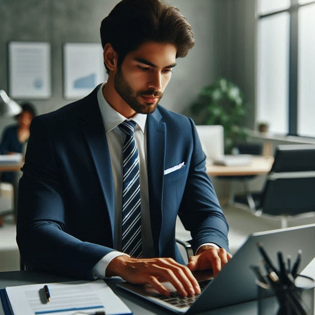 A young, consulting businessman in a suit typing on a laptop.