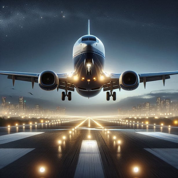 A plane landing on a runway at night.