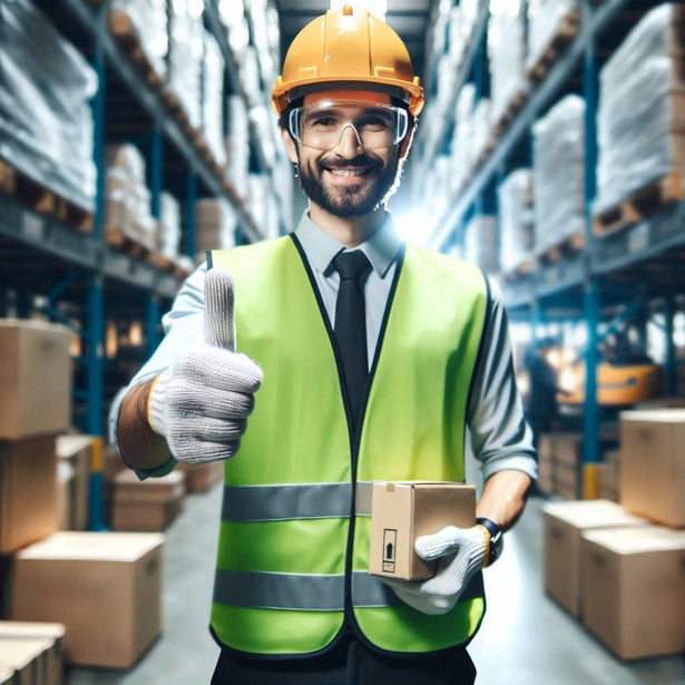 A company employee in a safety equipment giving a thumbs up. A blurred warehouse in the background.